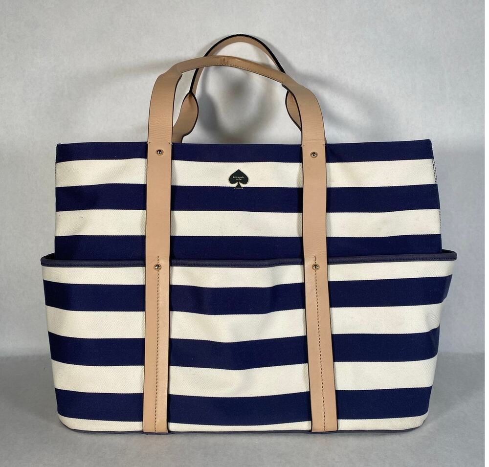 Kate Spade Striped Canvas Leather Weekender Tote Navy White Travel Bag